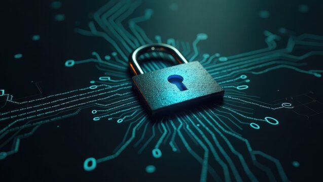 The  shot reveals a detailed padlock, featuring a metallic gray finish, positioned centrally against a dark background that showcases an intricate circuit board design with bright cyan accents,...