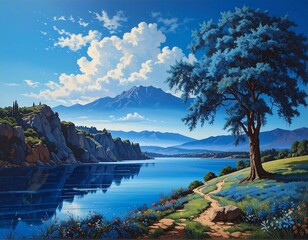 Scenic landscape with blue tree, lake, mountains, and blue sky