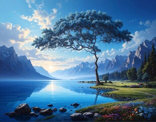 Scenic landscape with calm lake and tree, mountains, clear sky