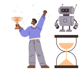 Man raising trophy in triumph beside a robot on a platform and an hourglass representing time. Ideal for success, teamwork, innovation, time management, automation, goal setting, perseverance. Simple