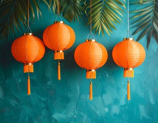 Festive Orange Lanterns Hanging for Chinese New Year Celebration.