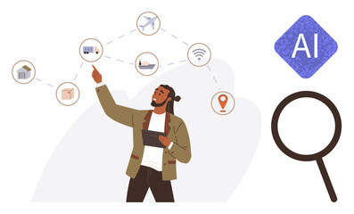 Man holding tablet, pointing to connected icons representing technology, AI, and networks. Magnifying glass and AI symbol highlight analytics. Ideal for innovation, technology, AI, data analysis