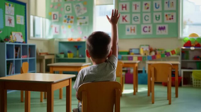 Young school boy raising hand in empty classroom