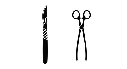Surgical instruments including scalpel and forceps depicted in a simple black silhouette