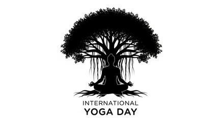A black silhouette of a person in a yoga pose under a banyan tree for international yoga day the figure is meditating