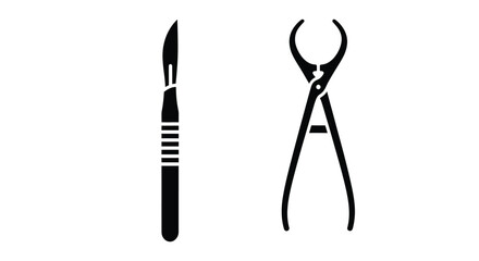 Surgical instruments scalpel and forceps depicted in a simple black silhouette