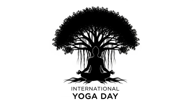 A black silhouette of a person in a yoga pose under a banyan tree for international yoga day the figure is meditating - Powered by Adobe