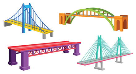 Colorful cartoon illustrations of various bridge designs and structural elements