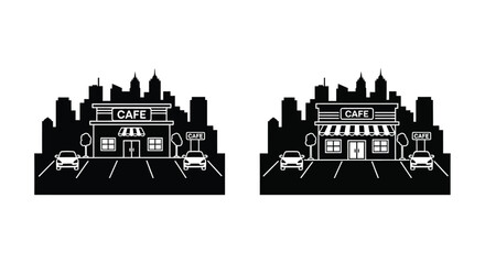 Obraz premium Silhouette of urban cafes with buildings and vehicles in the background