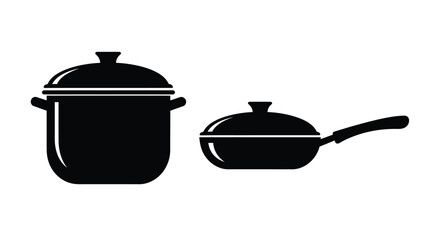 Black and white illustration of a cooking pot and frying pan