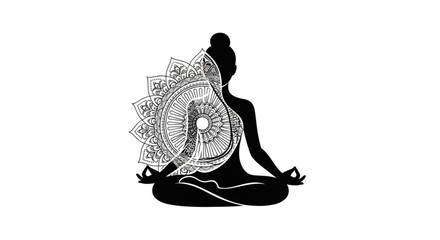Silhouette of a woman in lotus position meditating with mandala spiritual practice for relaxation, mindfulness, and inner peace yoga and wellness concept