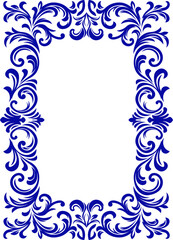 Elegant Blue Ornate Scroll Frame, Elegant Floral Border with Intricate Leaf and Bloom Details, cover frame design, glass frame design, tiles floral decoration.