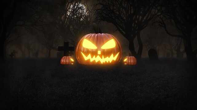 Spooky Halloween pumpkin patch with tombstones and bare trees