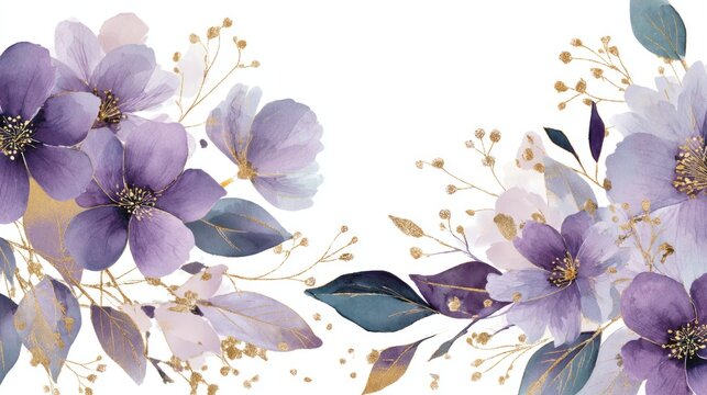 Watercolor floral design with purple flowers and golden accents for elegant decoration