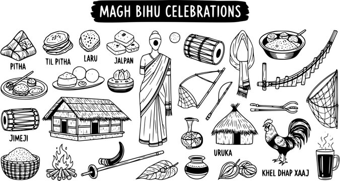 Magh Bihu Celebrations Hand-Drawn Collection: Assamese Harvest Festival with Traditional Food, Attire, Instruments, Bonfire, and Cultural Elements Doodle Art.