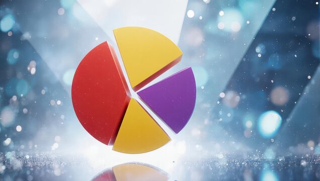 Colorful Pie Chart with Reflective Surface and Bokeh Lights.