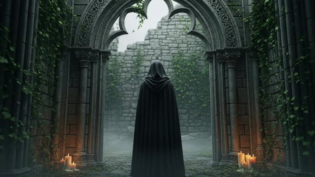 A cloaked mysterious figure standing on a foggy forest path under tall trees, illuminated by ethereal light, evoking mystery and fantasy in a hauntingly beautiful atmosphere