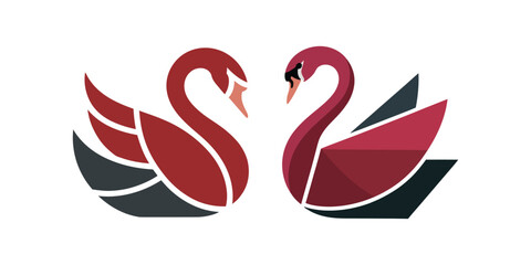 Elegant abstract red swans facing each other symbolizing love and partnership in a modern geometric style. swan logo icon. swan icon.