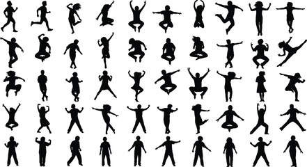Children silhouette collection, kids jumping and dancing vector set, joyful childhood moments, playful energy poses, happiness, freedom, fun, black outline illustration