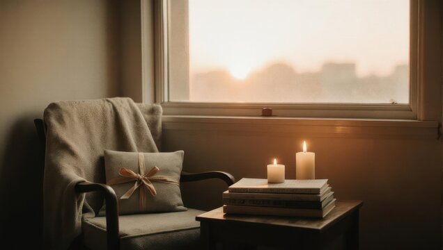 Cozy reading nook with candles and books by a window at sunrise.