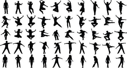 Children silhouette vector set, kids jumping and dancing poses, joyful childhood moments, playful energy, happiness, freedom, black outline illustration for design