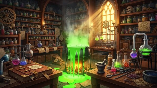 A bubbling green potion in a magical cauldron within an old mystical laboratory surrounded by candles and books, symbolizing fantasy alchemy and mystery