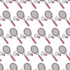Red Rackets and White Shuttlecocks Sport Seamless. Perfect for sports-themed designs, backgrounds, textiles, packaging, and activity illustrations.