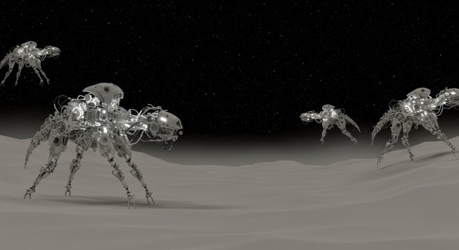 Futuristic mechanical creatures on a desolate planet under a starry sky