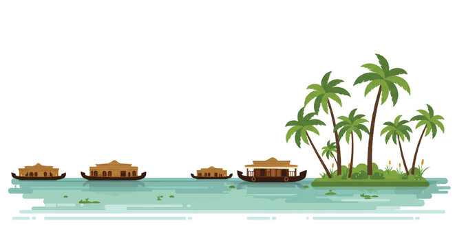 Tranquil Kerala backwaters landscape, rendered as a simplified 2D flat vector illustration, depicting green coconut palm trees lining the peaceful canals under a bright sky.