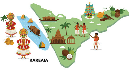 Detailed 2D flat vector illustration of the Kerala state map, India, featuring various identifiable cultural symbols and regional icons, cleanly isolated on a crisp white background.
