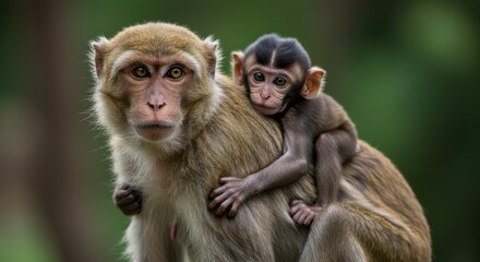 Affectionate portrait of a mother monkey and her adorable baby monkey