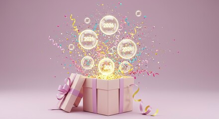 Gift box releasing glowing spheres with confetti against a soft pink background