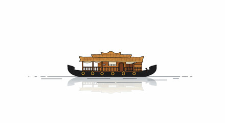 Traditional Kerala houseboat Kettuvallam, rendered in a striking flat 2D vector illustration style, is shown floating calmly on still blue water against a clean white background.