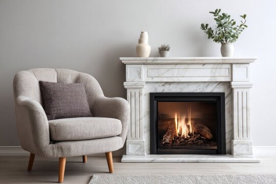 Cozy armchair beside a lit marble fireplace in a modern room.