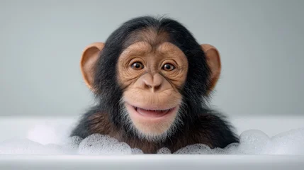 Fotobehang Dierenarts Charming chimpanzee enjoying a bubbly bath and smiling with joy against a soft backdrop, capturing a moment of playful innocence and delight.  © 69