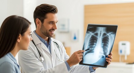 Male doctor in a white coat explaining a chest X-ray to a female patient during a medical consultation.