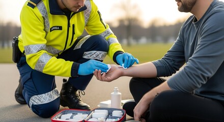 A paramedic in a high-visibility jacket provides first aid to an injured man's arm outdoors from a medical kit.