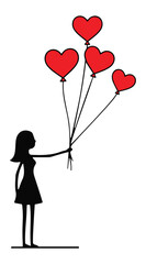 Romantic girl holding red heart balloons silhouette, love and Valentine concept illustration on transparent background.