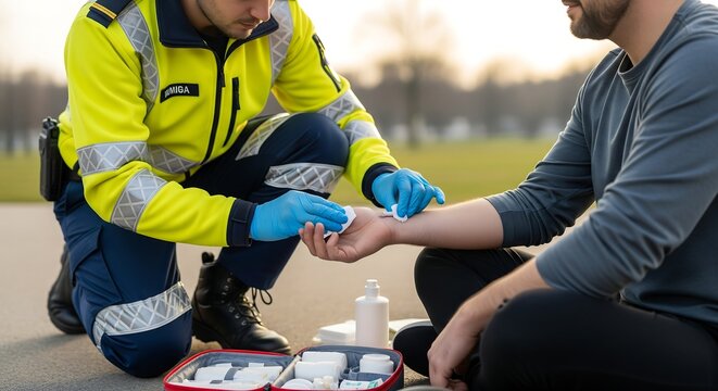 A paramedic in a high-visibility jacket provides first aid to an injured man's arm outdoors from a medical kit. - Powered by Adobe