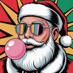 Cool Santa Claus Pop Art Illustration with Sunglasses and Bubble Gum | Trendy Christmas Artwork Design
