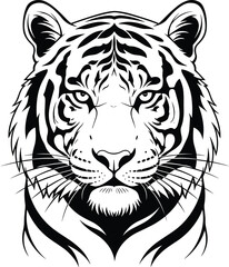 Elegant tiger head vector illustration, black and white wildlife animal design, powerful jungle predator artwork, fierce feline face suitable for tattoo and logo inspiration