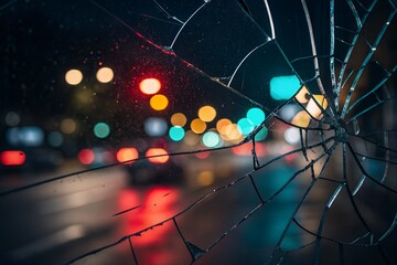 Broken Cracked Glass with City Street Lights Bokeh &ndash; Urban Night Mood