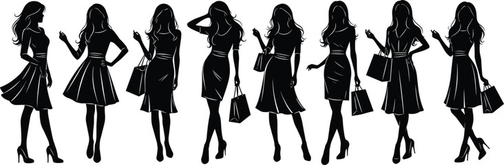 Elegant women silhouettes, fashion female figures, stylish shopping ladies vector collection, modern dress poses with handbags, glamour illustration set for design projects