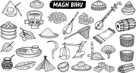 Magh Bihu Assamese Festival Traditional Elements Collection - Cultural Objects, Food, Instruments, and Tools Hand Drawn Sketch Set