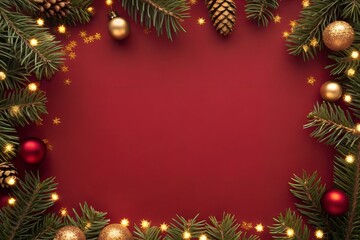 Christmas Frame with Fir Branches and Golden Decorations on Red Background
