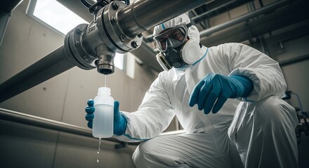 Sterile Water Sampling at Outlet Industrial Facility Safety Procedure Controlled Environment Close-Up View