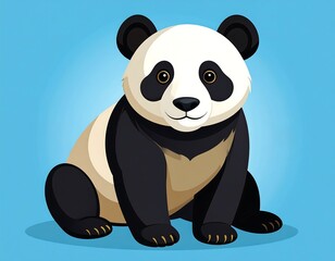 Obraz premium Sitting panda cartoon on a blue background, facing forward, cheerful