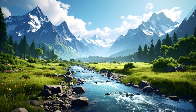 Scenic landscape with mountains, river, and lush greenery under a blue sky - Powered by Adobe