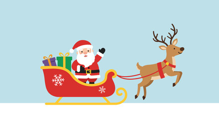 Cheerful Santa Claus riding a reindeerpulled sleigh filled with gifts.