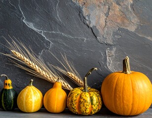 Autumn Harvest - Pumpkins and Wheat Against a Stone Backdrop.